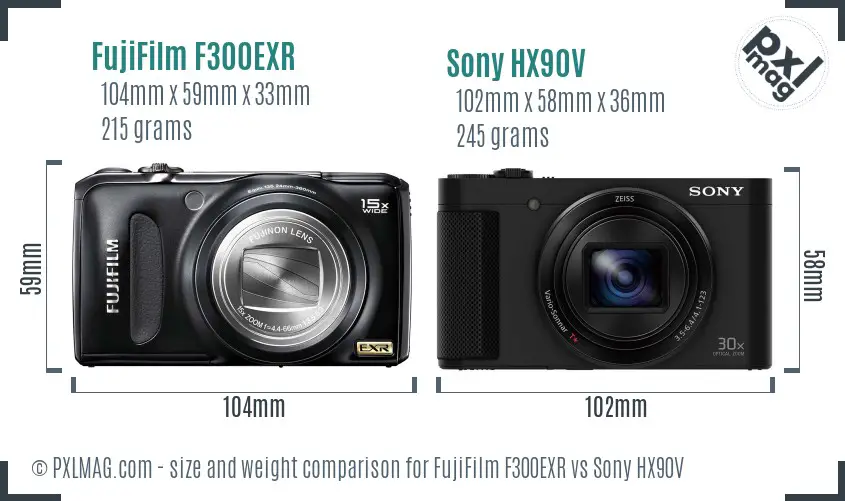 FujiFilm F300EXR vs Sony HX90V size comparison