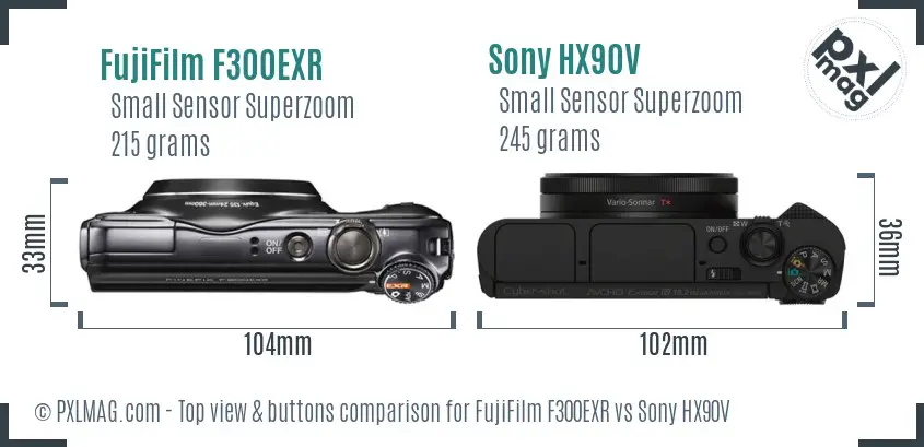 FujiFilm F300EXR vs Sony HX90V top view buttons comparison