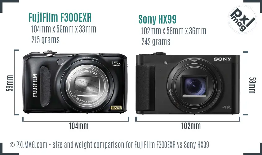 FujiFilm F300EXR vs Sony HX99 size comparison
