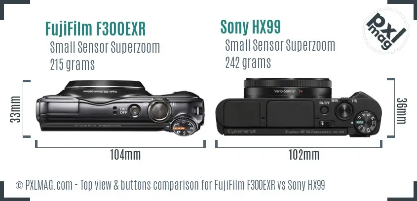 FujiFilm F300EXR vs Sony HX99 top view buttons comparison