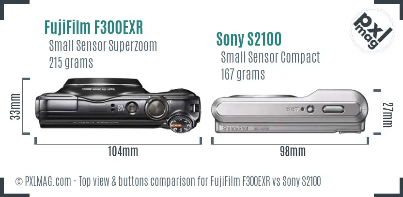 FujiFilm F300EXR vs Sony S2100 top view buttons comparison