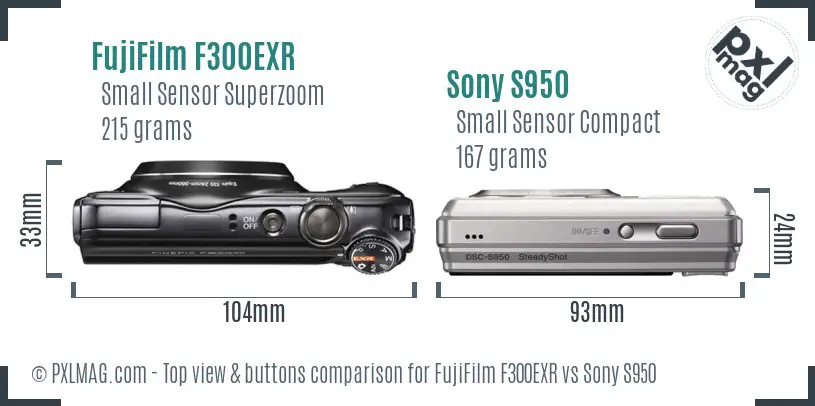 FujiFilm F300EXR vs Sony S950 top view buttons comparison