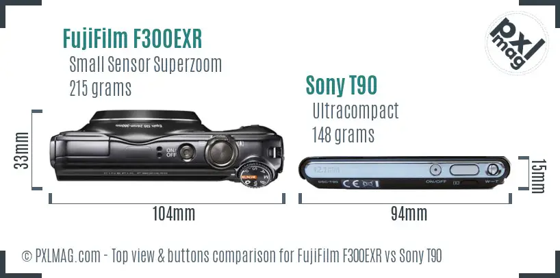 FujiFilm F300EXR vs Sony T90 top view buttons comparison