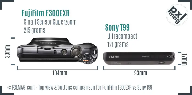 FujiFilm F300EXR vs Sony T99 top view buttons comparison