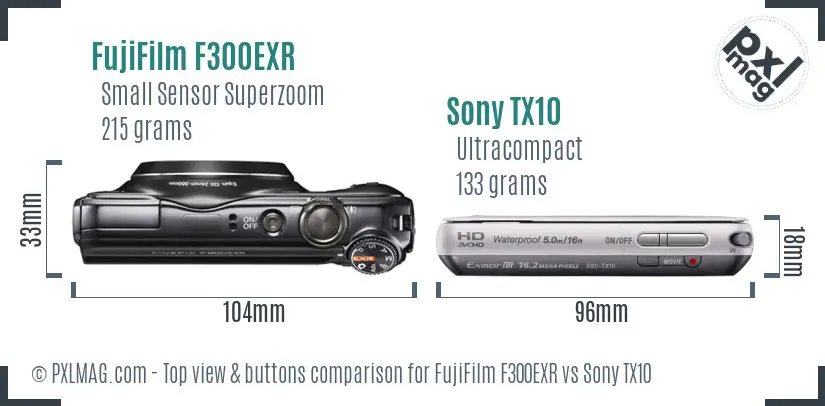 FujiFilm F300EXR vs Sony TX10 top view buttons comparison