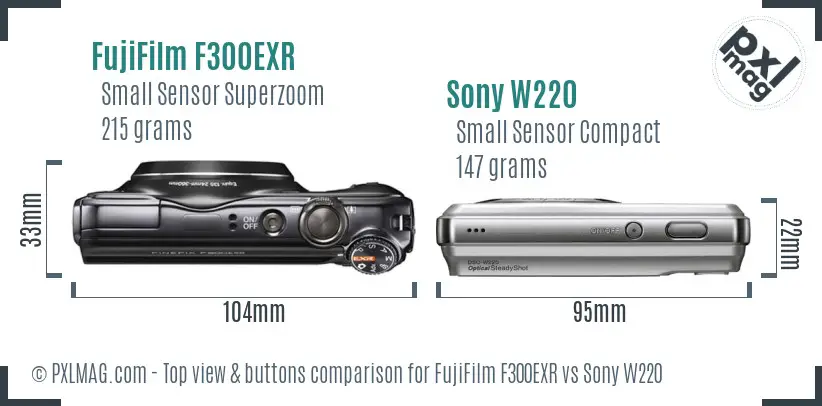 FujiFilm F300EXR vs Sony W220 top view buttons comparison