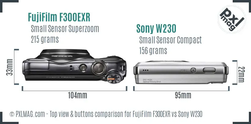 FujiFilm F300EXR vs Sony W230 top view buttons comparison FujiFilm F300EXR vs Sony W230 top view buttons comparison