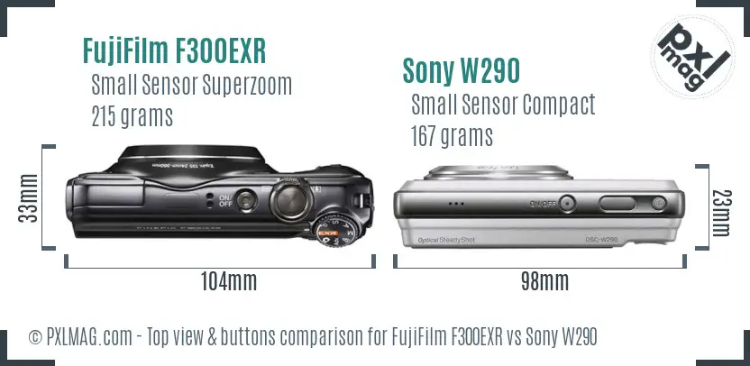 FujiFilm F300EXR vs Sony W290 top view buttons comparison