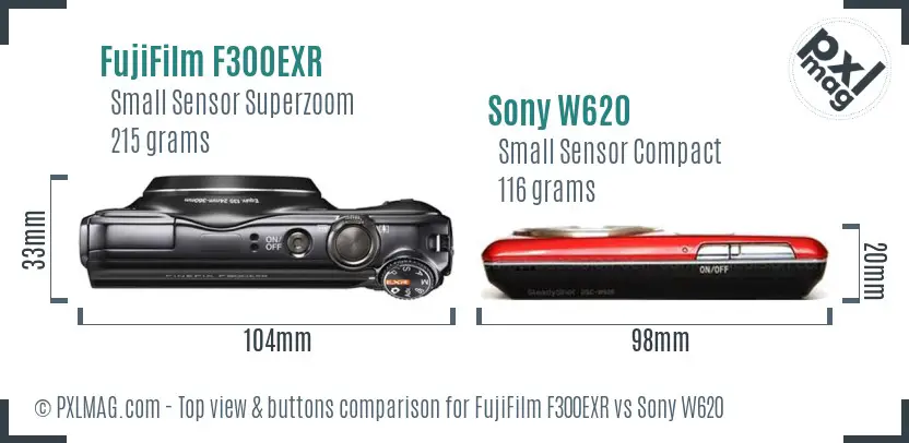 FujiFilm F300EXR vs Sony W620 top view buttons comparison