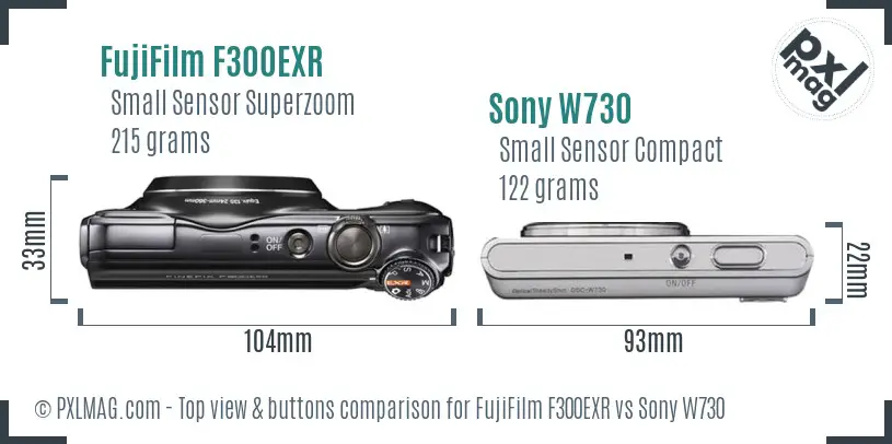 FujiFilm F300EXR vs Sony W730 top view buttons comparison