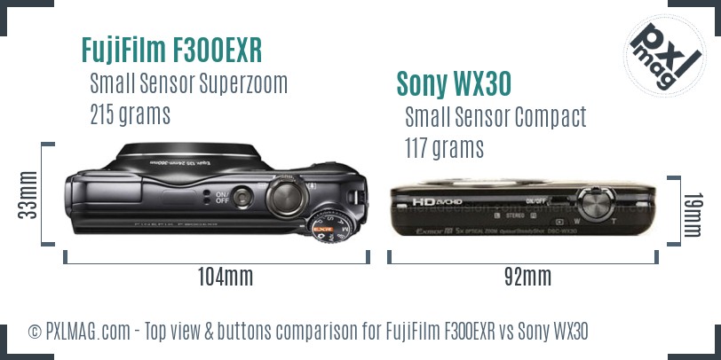 FujiFilm F300EXR vs Sony WX30 top view buttons comparison