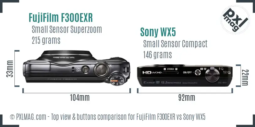 FujiFilm F300EXR vs Sony WX5 top view buttons comparison