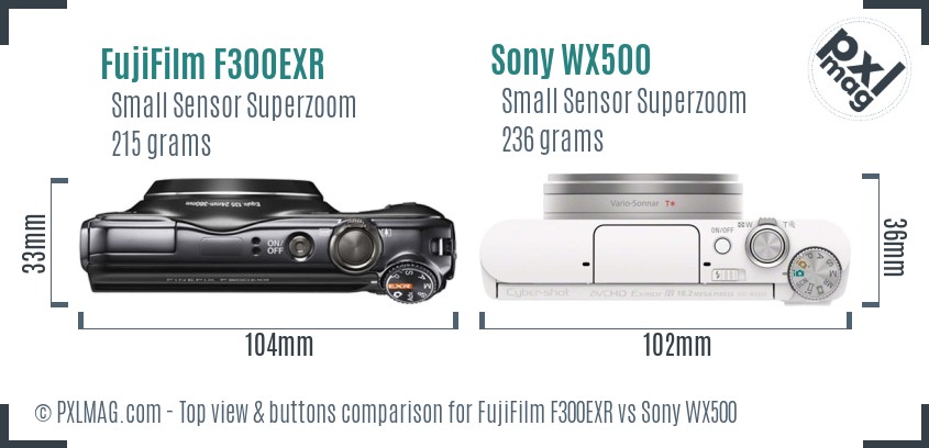 FujiFilm F300EXR vs Sony WX500 top view buttons comparison