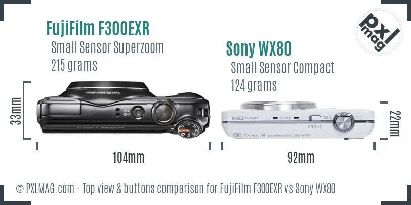 FujiFilm F300EXR vs Sony WX80 top view buttons comparison FujiFilm F300EXR vs Sony WX80 top view buttons comparison