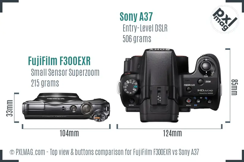 FujiFilm F300EXR vs Sony A37 top view buttons comparison