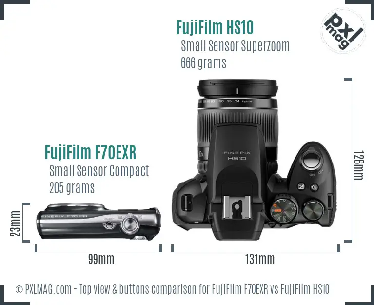 FujiFilm F70EXR vs FujiFilm HS10 top view buttons comparison