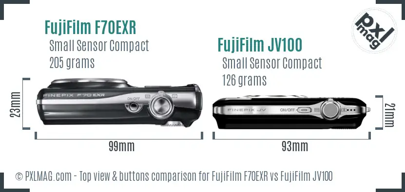 FujiFilm F70EXR vs FujiFilm JV100 top view buttons comparison FujiFilm F70EXR vs FujiFilm JV100 top view buttons comparison