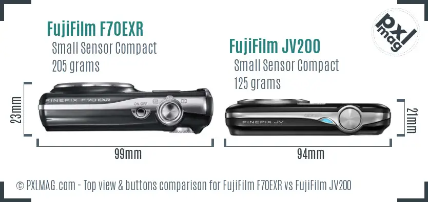 FujiFilm F70EXR vs FujiFilm JV200 top view buttons comparison