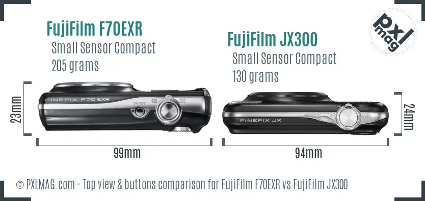FujiFilm F70EXR vs FujiFilm JX300 top view buttons comparison FujiFilm F70EXR vs FujiFilm JX300 top view buttons comparison