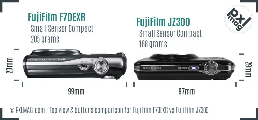 FujiFilm F70EXR vs FujiFilm JZ300 top view buttons comparison FujiFilm F70EXR vs FujiFilm JZ300 top view buttons comparison