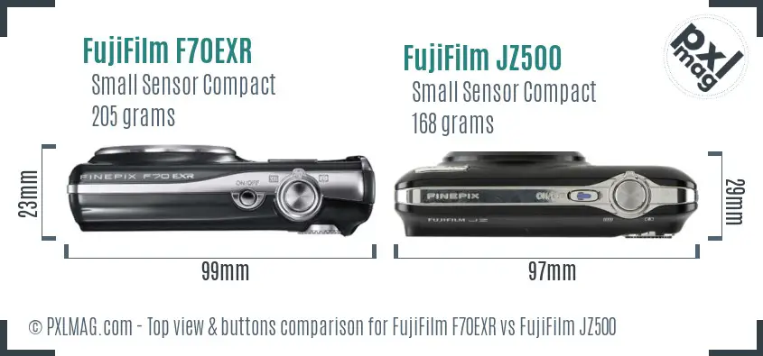 FujiFilm F70EXR vs FujiFilm JZ500 top view buttons comparison