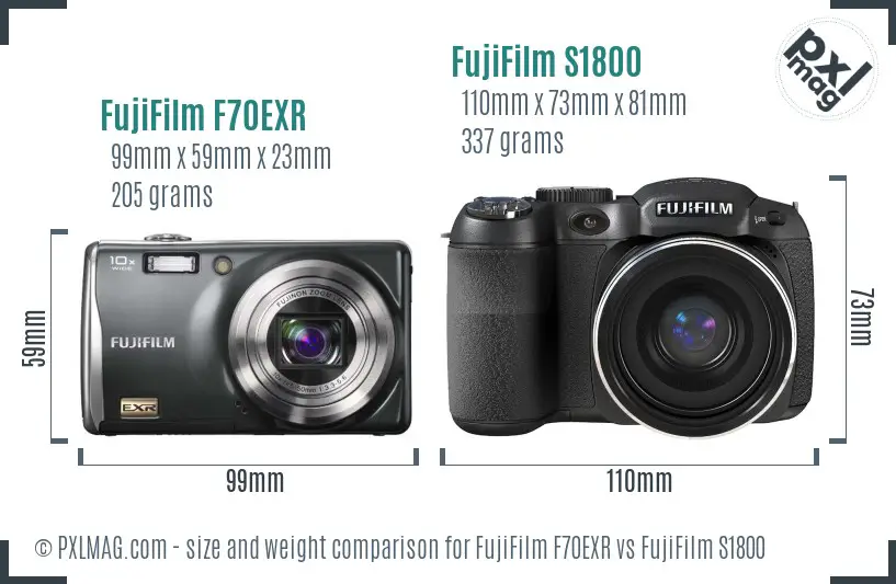 FujiFilm F70EXR vs FujiFilm S1800 size comparison FujiFilm F70EXR vs FujiFilm S1800 size comparison