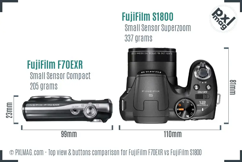 FujiFilm F70EXR vs FujiFilm S1800 top view buttons comparison FujiFilm F70EXR vs FujiFilm S1800 top view buttons comparison