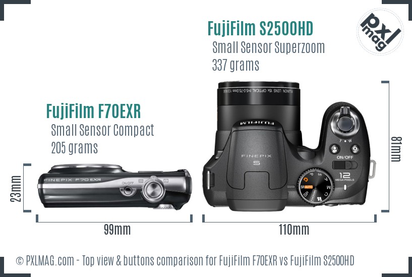 FujiFilm F70EXR vs FujiFilm S2500HD top view buttons comparison