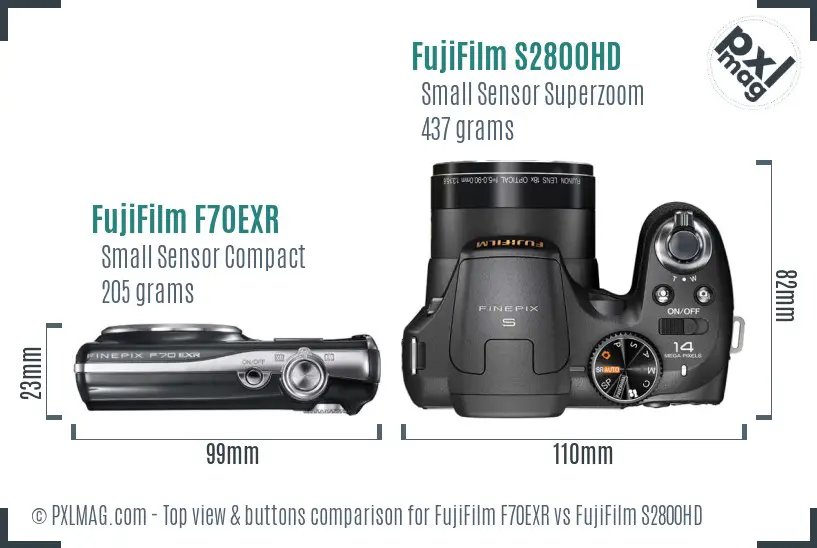 FujiFilm F70EXR vs FujiFilm S2800HD top view buttons comparison
