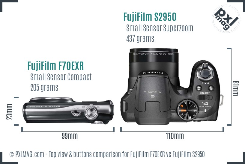 FujiFilm F70EXR vs FujiFilm S2950 top view buttons comparison