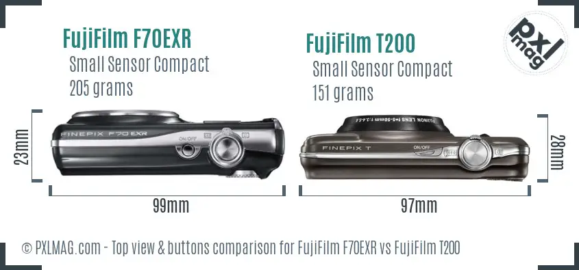 FujiFilm F70EXR vs FujiFilm T200 top view buttons comparison