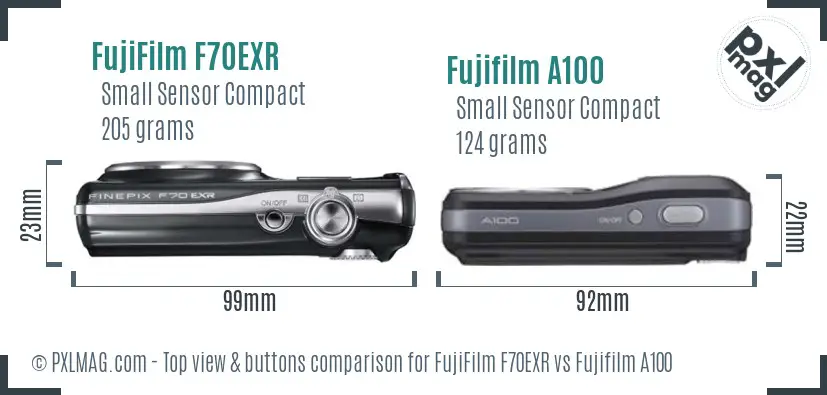 FujiFilm F70EXR vs Fujifilm A100 top view buttons comparison