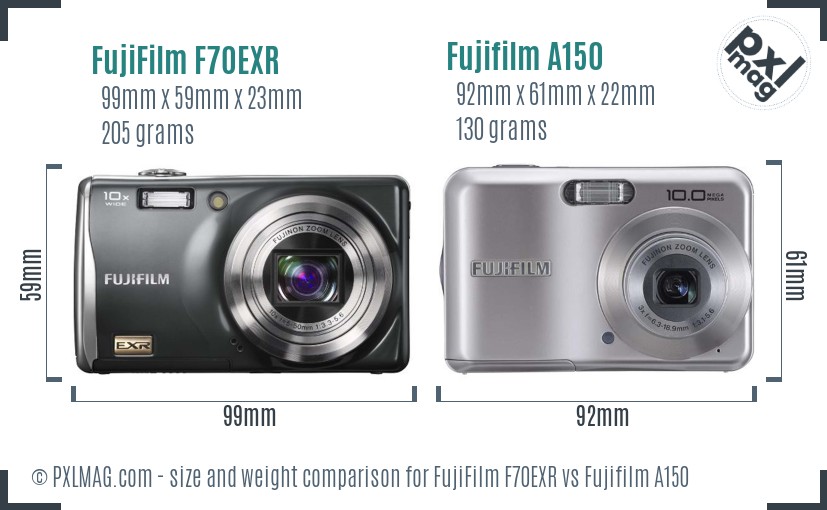 FujiFilm F70EXR vs Fujifilm A150 size comparison