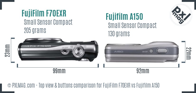 FujiFilm F70EXR vs Fujifilm A150 top view buttons comparison