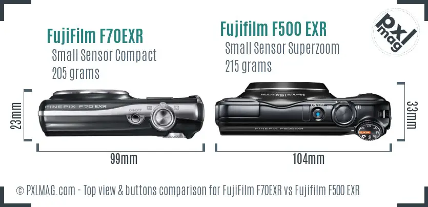 FujiFilm F70EXR vs Fujifilm F500 EXR top view buttons comparison