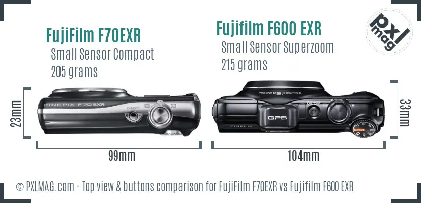 FujiFilm F70EXR vs Fujifilm F600 EXR top view buttons comparison