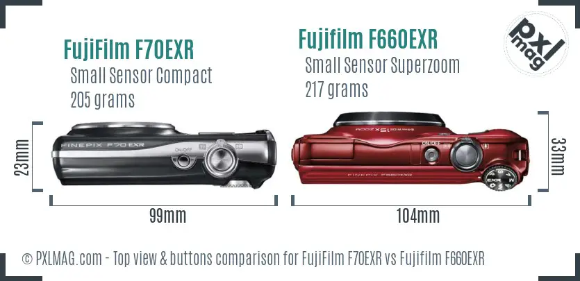 FujiFilm F70EXR vs Fujifilm F660EXR top view buttons comparison