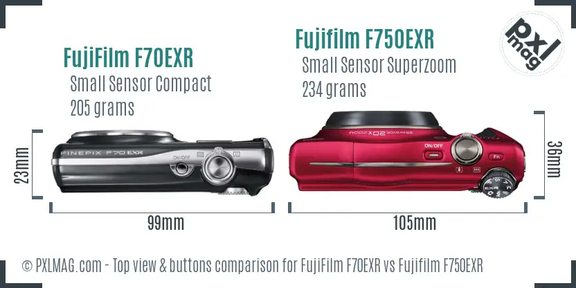 FujiFilm F70EXR vs Fujifilm F750EXR top view buttons comparison