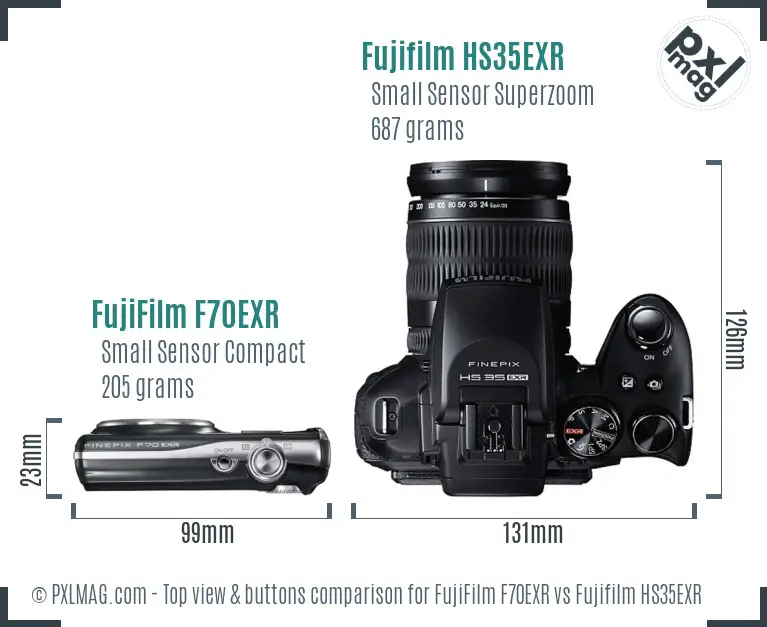 FujiFilm F70EXR vs Fujifilm HS35EXR top view buttons comparison FujiFilm F70EXR vs Fujifilm HS35EXR top view buttons comparison