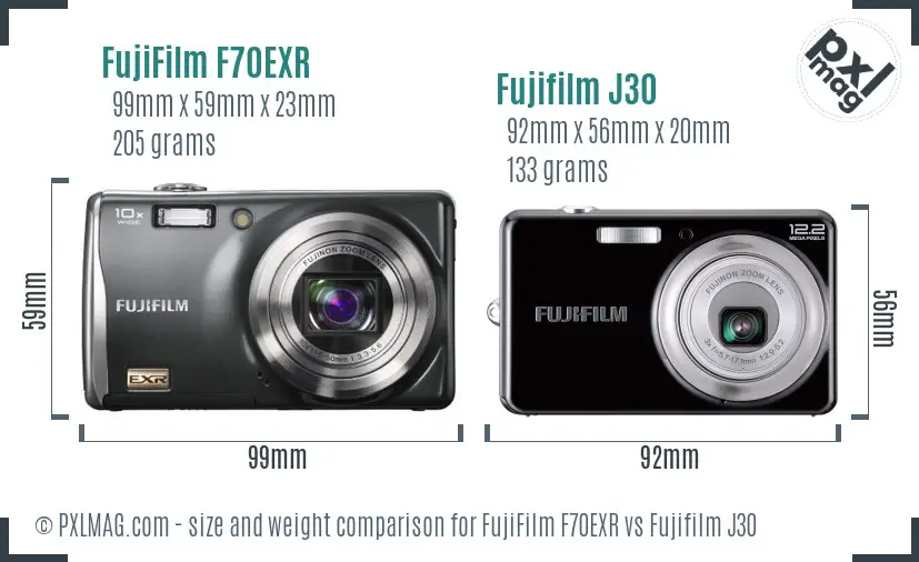 FujiFilm F70EXR vs Fujifilm J30 size comparison FujiFilm F70EXR vs Fujifilm J30 size comparison