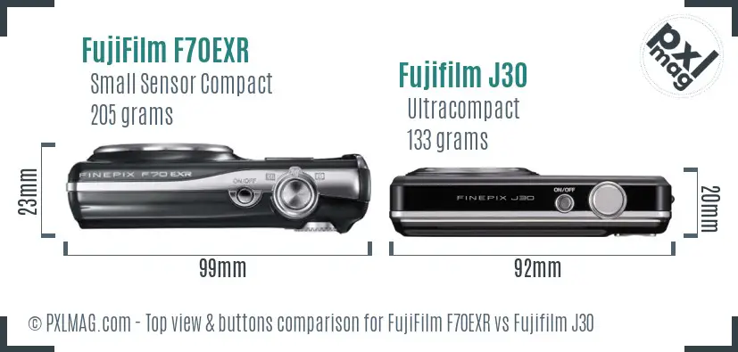FujiFilm F70EXR vs Fujifilm J30 top view buttons comparison FujiFilm F70EXR vs Fujifilm J30 top view buttons comparison