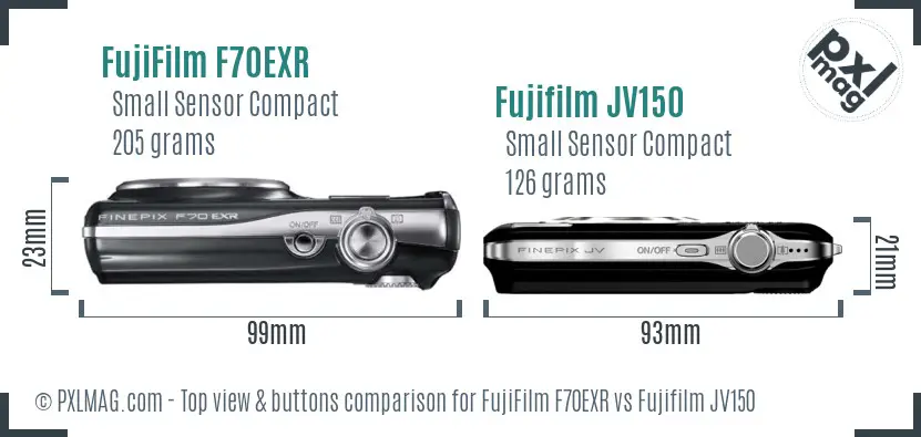 FujiFilm F70EXR vs Fujifilm JV150 top view buttons comparison