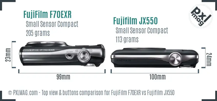 FujiFilm F70EXR vs Fujifilm JX550 top view buttons comparison