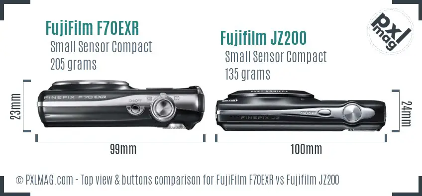 FujiFilm F70EXR vs Fujifilm JZ200 top view buttons comparison FujiFilm F70EXR vs Fujifilm JZ200 top view buttons comparison