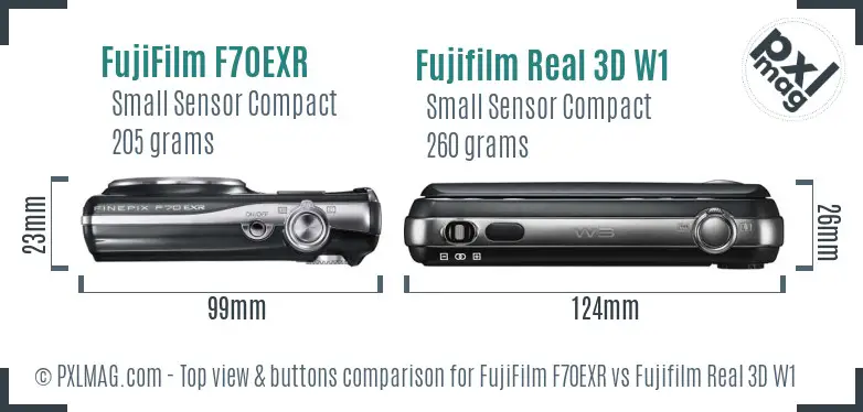 FujiFilm F70EXR vs Fujifilm Real 3D W1 top view buttons comparison