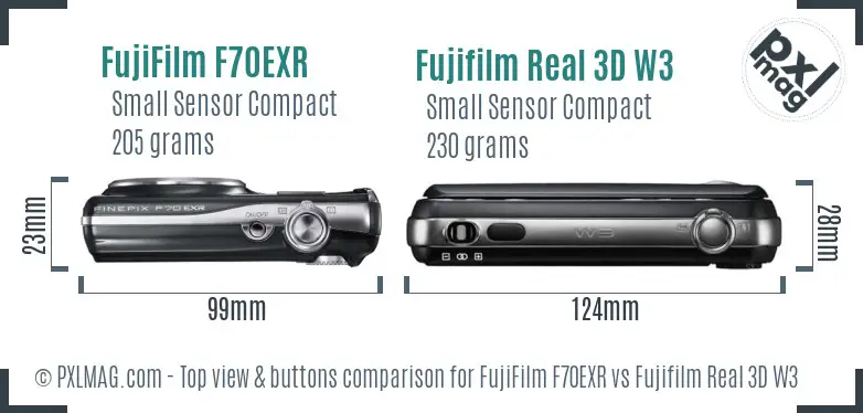 FujiFilm F70EXR vs Fujifilm Real 3D W3 top view buttons comparison