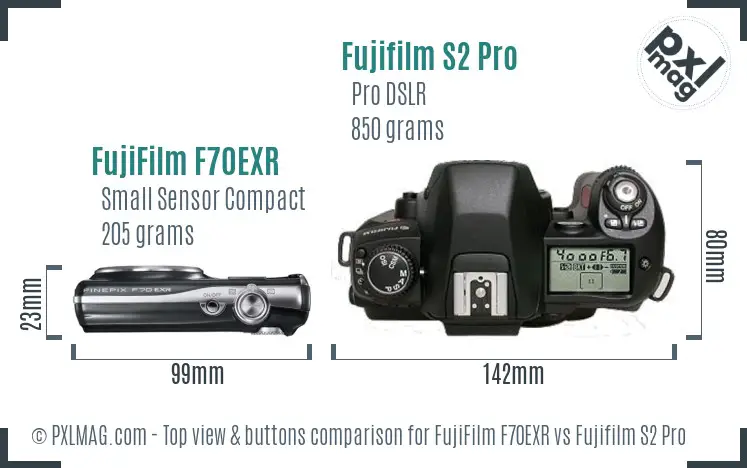 FujiFilm F70EXR vs Fujifilm S2 Pro top view buttons comparison