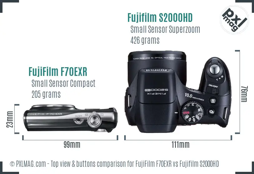 FujiFilm F70EXR vs Fujifilm S2000HD top view buttons comparison