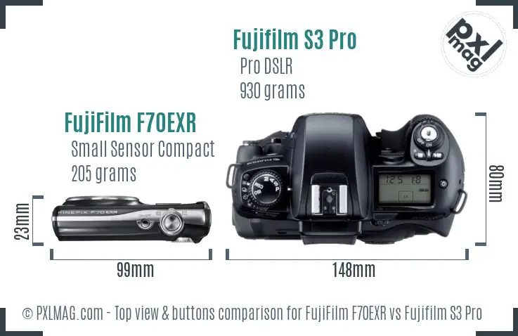 FujiFilm F70EXR vs Fujifilm S3 Pro top view buttons comparison