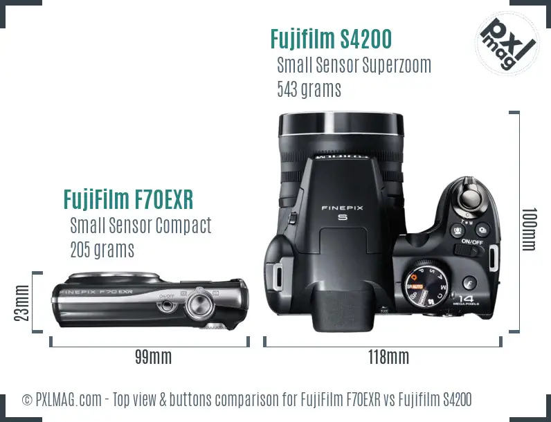 FujiFilm F70EXR vs Fujifilm S4200 top view buttons comparison